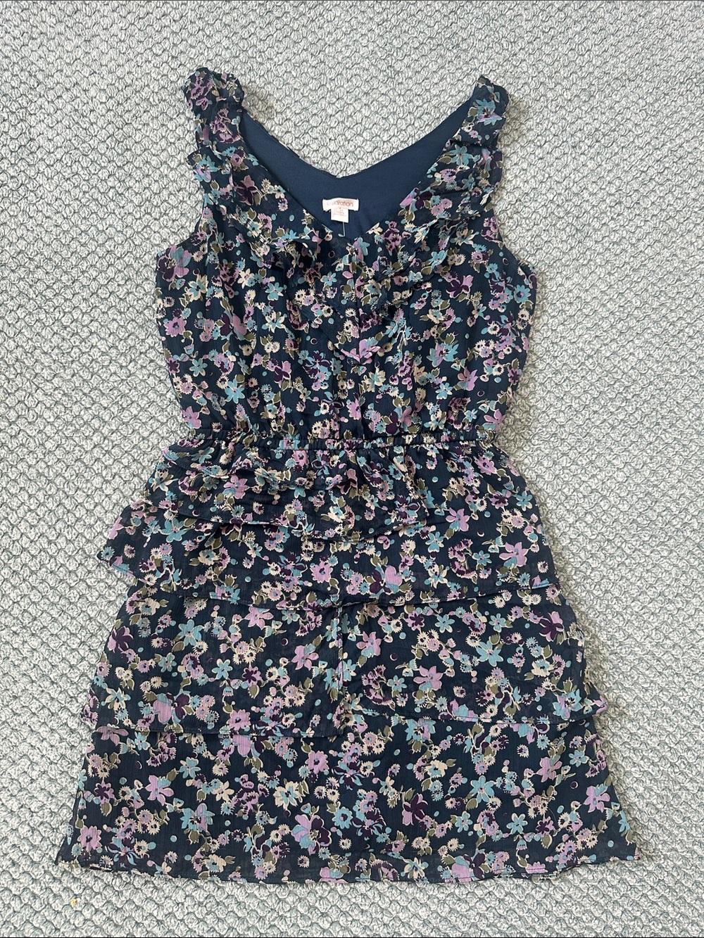 Xhilaration Navy Floral Ruffle Tiered Dress with Pink and Mint Accents